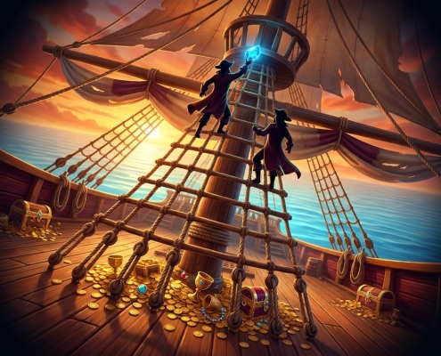 An illustration of pirate crew climbing a rope ladder up a ship's mast towards a glowing blue gem, with gold coins on the deck.