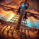 An illustration of pirate crew climbing a rope ladder up a ship's mast towards a glowing blue gem, with gold coins on the deck.
