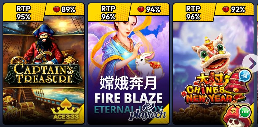 Tiga jubin permainan di lobi slot Pirate777 pada 8 Oktober 2026 — Captain’s Treasure (ACE333), Fire Blaze Eternal Joy (Playtech) dan Chinese New Year 2 (Fa Chai) — masing-masing menunjukkan peratusan RTP di kiri atas dan penarafan lobi (hati) di kanan atas.