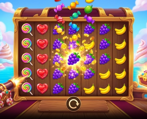Ilustrasi permainan slot gula-gula dan buah-buahan: gula-gula dan buah di gelendong di atas dek kapal, dengan meriam dan peti harta — panduan Sweet Bonanza di Pirate777.