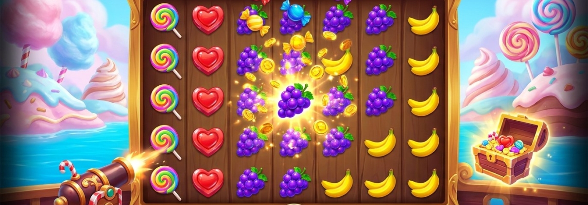 An illustration of a candy-and-fruit slot game: sweets and fruit on the reels on a ship’s deck, with a cannon and a treasure chest — Sweet Bonanza guide on Pirate777.